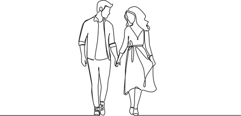 continuous single line drawing of couple walking hand in hand, line art vector illustration - obrazy, fototapety, plakaty