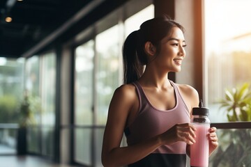 a young fit chineese woman wearing a sports bra with an energetic smoothie on her hands - obrazy, fototapety, plakaty