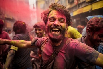 Obraz premium indian people celebrating holi festivan covered in colour powders on the streets of New Delhi