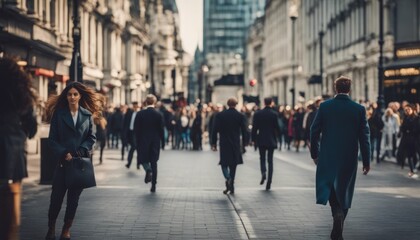 Walking people blur. Lots of people walking in the City of London. Wide panoramic view of people crowded - obrazy, fototapety, plakaty