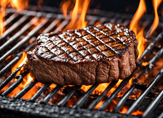 Beef steak on the grill with flames of fire. Close-up of beef steak on the grill.
