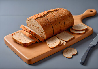 Crispy bread on a light brown wooden board. Close-up of bran bread sliced on a wooden board.