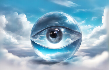 Glass ball with an eye in the middle against the background of clouds, divine providence concept. - obrazy, fototapety, plakaty