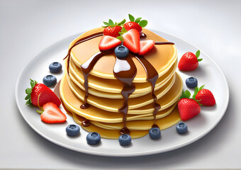 Pancakes with chocolate and berries on a plate. Close-up of pancakes with blueberries and strawberries with chocolate on a plate.