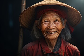 portrait of an old vietnamese peasant woman with a traditional hat looking to camera with a smile