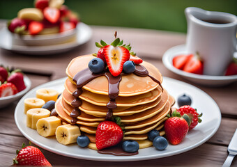 Pancakes with chocolate and berries on a plate. Delicious breakfast pancakes with banana, blueberries, strawberries and chocolate.
