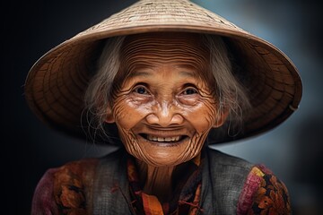 portrait of an old vietnamese peasant woman with a traditional hat looking to camera with a smile - obrazy, fototapety, plakaty
