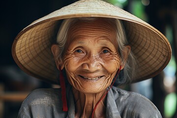 portrait of an old vietnamese peasant woman with a traditional hat looking to camera with a smile - obrazy, fototapety, plakaty