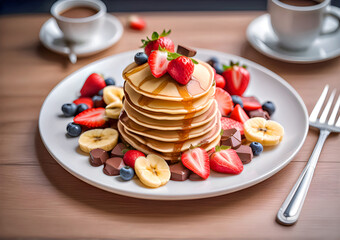 Pancakes with chocolate and chopped berries on a plate. Delicious breakfast pancakes with banana, blueberries, strawberries and chocolate pieces.