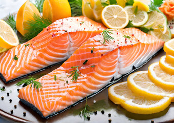 Red salmon fish close-up pieces with lemon and herbs. Salmon fillet with lemon and herbsingredients for cooking.