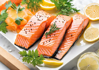 Salmon fillet with lemon and herbsingredients for cooking. Close-up of salmon pieces with lemon and herbs in a white plate.