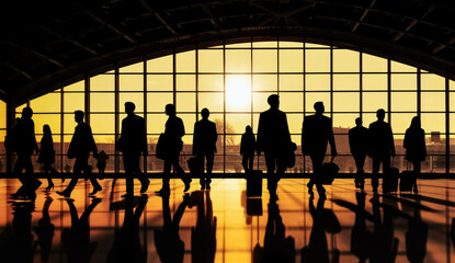 Silhouettes of people at busy station or terminal hall, orange yellow sunset sky background, wide banner, Generative AI - obrazy, fototapety, plakaty