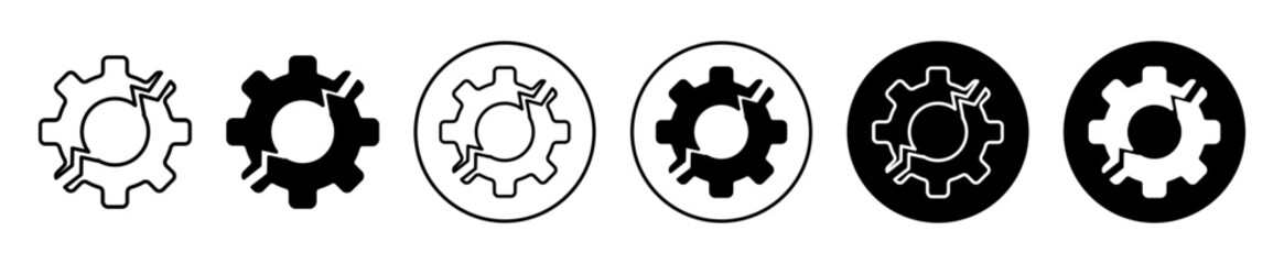 broken gear icon. disconnected or false connection in industrial work due to malfunction or failure in mechanical part symbol set. broken gear wheel or damage gear with crack due to fault vector logo - obrazy, fototapety, plakaty