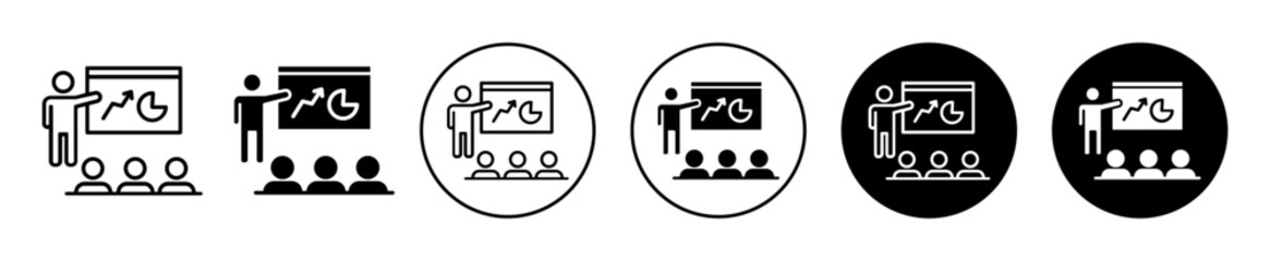 Coaching icon. education seminar or coaching classroom presentation with whiteboard and student seating symbol set. trainer with pupil learning through mentor or teacher by lecture vector line logo