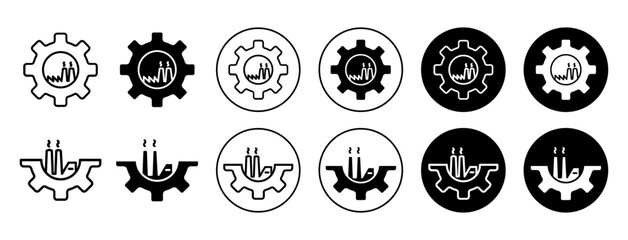 factory and gear icon. manufacturing and refinery company unit with chimney building plant symbol set. engineering power station or factory with cogwheel and gear vector line logo