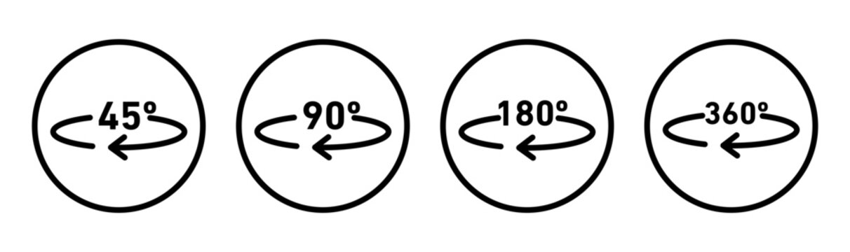 Angle 45 to 360 degrees icon. geometric mathematical angle radian of 45, 90, 180, 360 degree  rotation arrow symbol set. angle turn rotation or swivel degree vector line logo