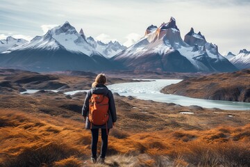 Fototapeta premium lonely trekker walking in the national parks of Patagonia
