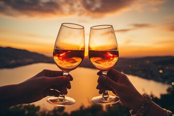 a toast with two glasses of red wine under sunset light  - obrazy, fototapety, plakaty
