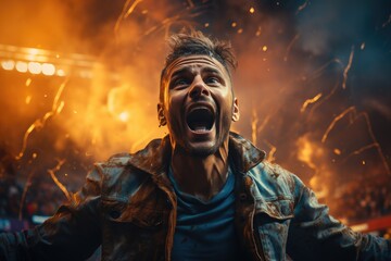 A man stands mesmerized, his face aglow in the warm flickering light of the fire, his clothes billowing in the outdoor breeze as he takes in the primal beauty before him with mouth agape