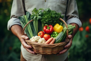a farmer holding a basket full of healthy vegetables