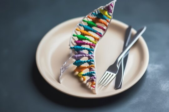 Genetically modified DNA and genes depicted on a plate, fork, and knife. Concept of genetically modified food, alterations made to the genetic material of organisms for enhanced traits or qualities.