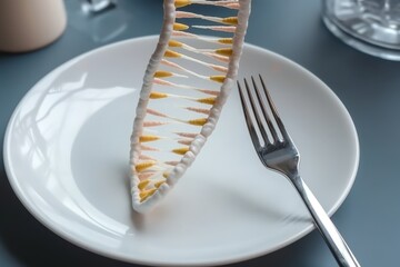 Genetically modified DNA and genes depicted on a plate, fork, and knife. Concept of genetically modified food, alterations made to the genetic material of organisms for enhanced traits or qualities.