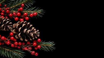 Seasonal Christmas decoration with fir cones and branches and red berries on side of black background with negative space
