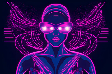neon portrait of a girl with glasses. Neural network AI generated art