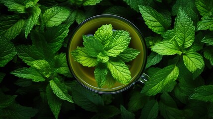 Top view of cup of healthy mint tea surrounded by leaves, stock photography