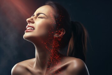 A pain in the neck and emotions of woman - obrazy, fototapety, plakaty