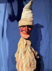 Antique puppet in Guignol museum, Lyon, France, 2023.