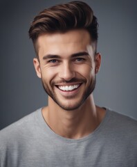 Obraz premium Young man with beautiful smile on grey background. Teeth whitening