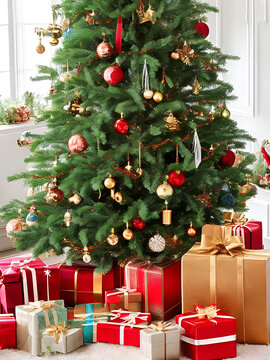 Christmas tree and christmas gift boxes. full pages images ai generated