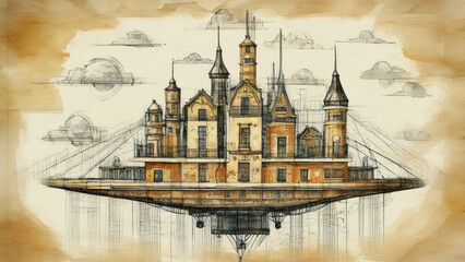 Naklejka premium A whimsical steampunk-inspired flying city soaring through the sky among floating islands