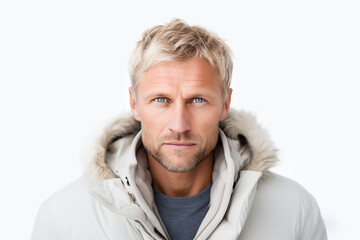 Portrait of a handsome man in winter clothes against a white background