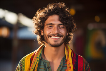 Portrait of smiling man with handkerchief on a blurred background - obrazy, fototapety, plakaty
