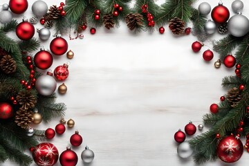 Wide arch shaped Christmas border isolated on white, composed of fresh fir branches and ornaments in red