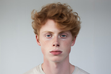 Portrait of a red-haired boy with freckles on his face isolate on gray background