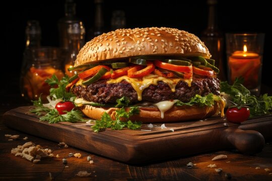 A mouth-watering cheeseburger, stacked high with a juicy patty and gooey cheese, sits temptingly on a wooden cutting board, evoking feelings of hunger and nostalgia for classic american fast food fav