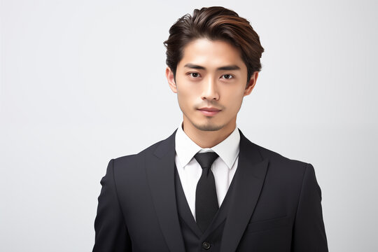 Young Asian business man in black suit and tie on white background