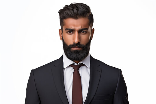 Portrait of a serious young bearded man in a black suit on a white background