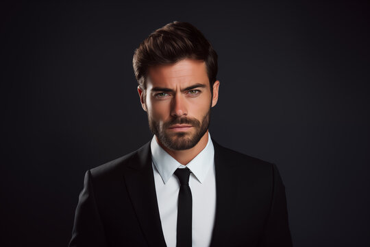 Portrait of a handsome young man in black suit on black background.