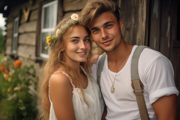 Portrait of a beautiful young couple in love on the background of a wooden house
