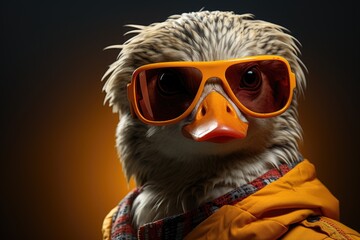 A stylish bird sporting a vibrant orange jacket and cool sunglasses, ready to take on the great outdoors with its trusty goggles - obrazy, fototapety, plakaty