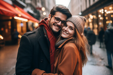 Beautiful young couple in love is hugging and smiling while walking in the city.