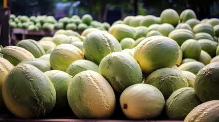 Melons on the counter in the market, Generative AI illustrations.
