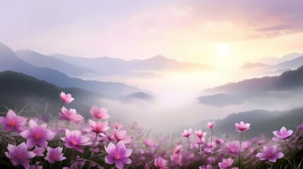 Beautiful mountain landscape with pink flowers in the meadow at sunrise, Generative AI illustrations.