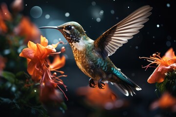 A delicate rufous hummingbird gracefully flits alongside a vibrant flower, its rubythroated feathers catching the sunlight in a breathtaking display of nature's beauty