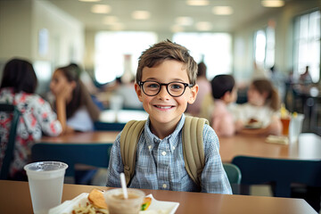 Boy in glasses sitting in a classroom, holding a healthy lunch, with schoolmates nearby. - obrazy, fototapety, plakaty