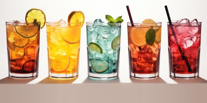 Row of Colorful Glasses Filled With Delicious Summer Cocktails Generative AI